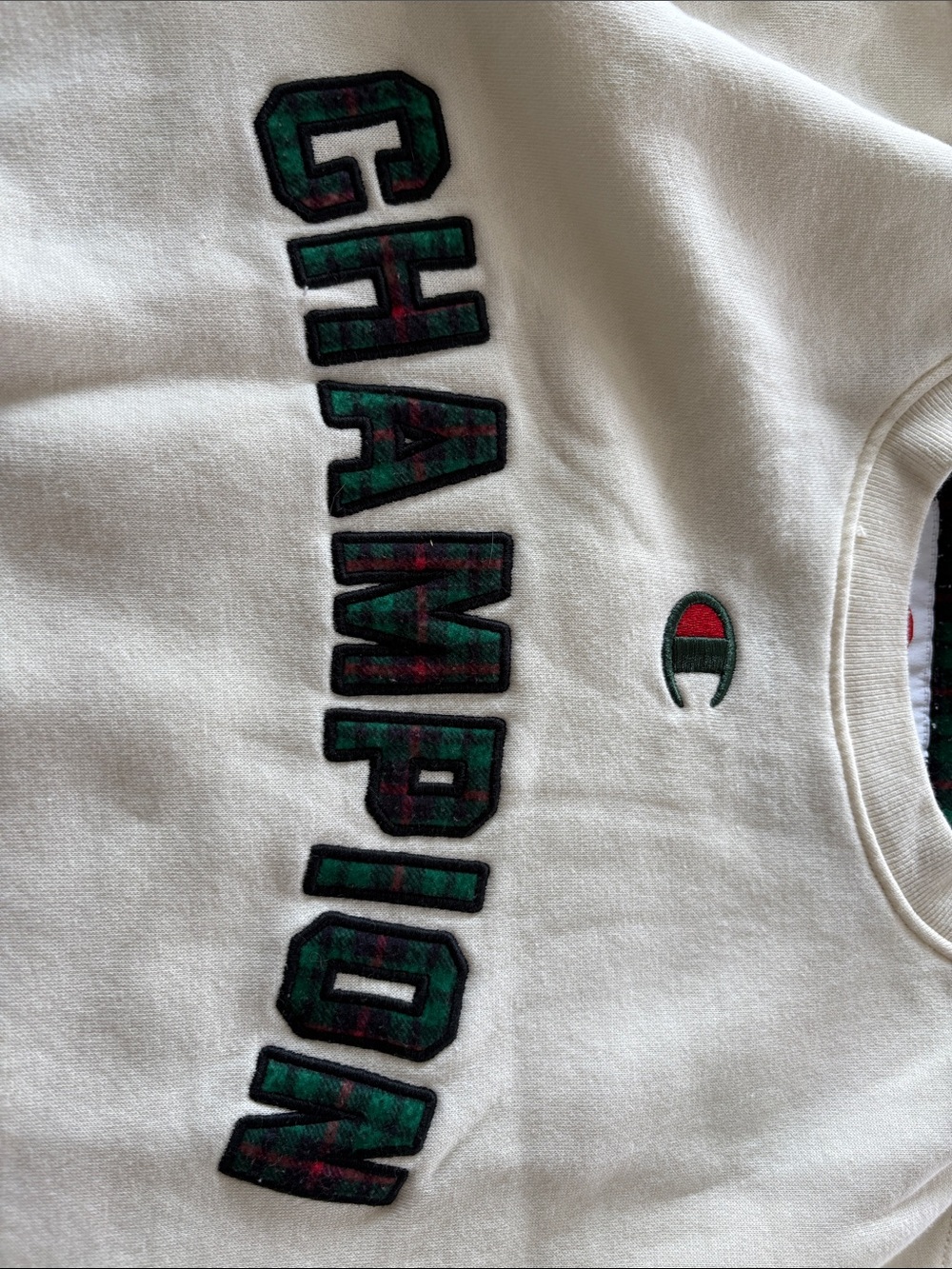 Champion White Crewneck Sweatshirt with Green & Red Embroidered Logo - Picture 3 of 3